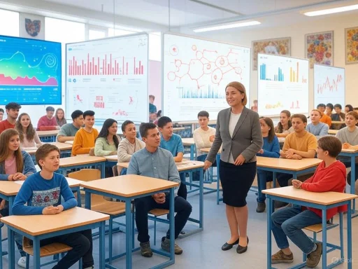 A teacher speaks to students in a classroom with large screens displaying charts and data.