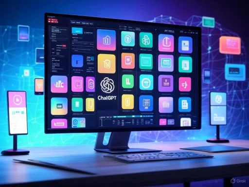 A computer monitor displays the ChalGPT interface with colorful app icons, surrounded by digital network graphics.