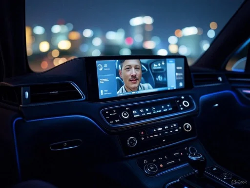 The image shows a futuristic car interior with a digital dashboard and a screen displaying a person's face, illuminated by city lights.