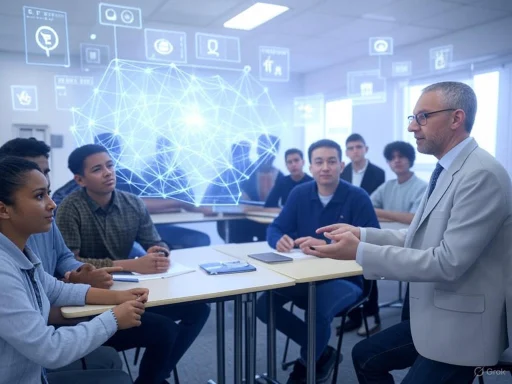 A teacher explaining artificial intelligence concepts to students in a modern classroom with holographic digital interfaces.