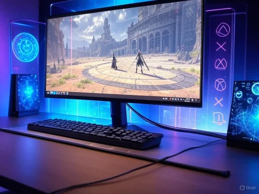 A gaming setup with a large monitor displaying a fantasy scene, illuminated with blue and purple LED lights.
