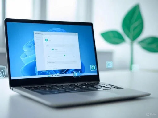 A laptop displays a digital interface with floating icons, set on a white desk with a green plant in the background.