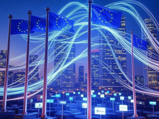 Multiple European Union flags wave in front of a city skyline with light trails illuminating the scene at night.
