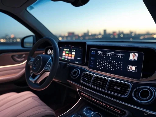 A modern car interior with digital dashboards displaying animated interfaces during twilight.
