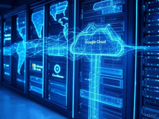A digital visualization of worldwide cloud infrastructure featuring Google Cloud, with illuminated maps and data connections.