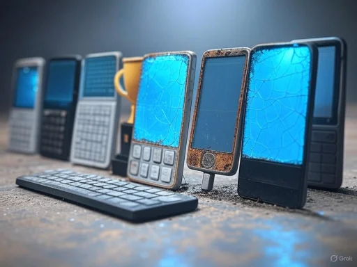 Old, broken mobile phones and a keyboard arranged on a rough surface, showing corrosion and shattered screens.