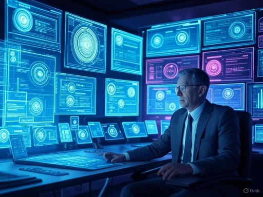 A man in a suit monitors multiple futuristic digital screens displaying data and target graphics in a high-tech control room.