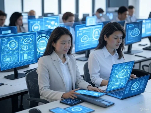 Employees working with futuristic holographic cloud and data analytics displays in a high-tech office.