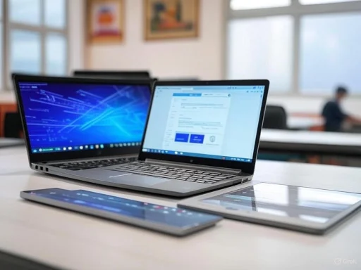 Two laptops and a tablet are arranged on a table in a classroom or office setting.