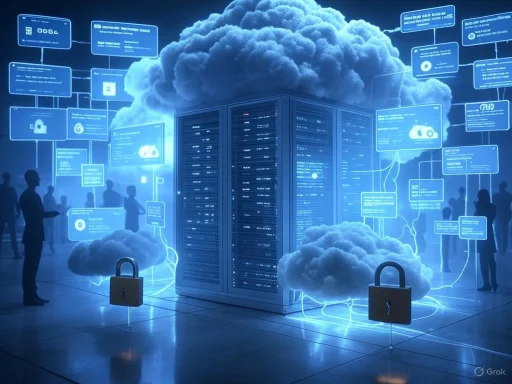 Cloud-based data center secured with locks, surrounded by digital clouds and silhouette figures, representing cybersecurity.