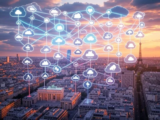 A city skyline at sunset overlaid with a digital network of interconnected cloud computing icons.