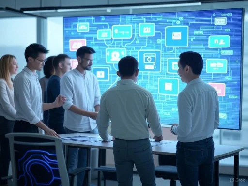 Team of professionals analyzing a large digital interface with interconnected data and icons in a modern office.