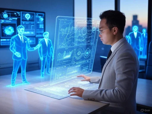 A businessman interacts with holographic digital data displays in a futuristic digital workspace.