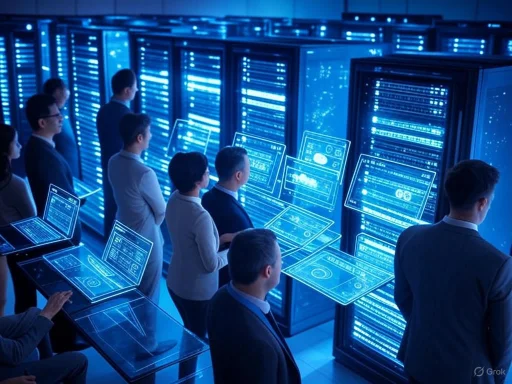 People in business attire analyzing digital holograms and data visualizations in a high-tech data center.