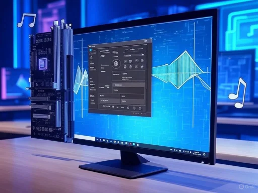 A computer monitor displaying audio editing software with a digital waveform, surrounded by neon lights and music icons.