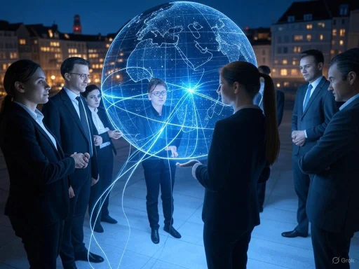 Business professionals gather around a holographic globe displaying digital data and interconnected lines outdoors at night.