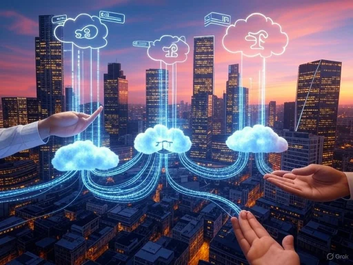 Illustration of cloud computing and data transfer in a futuristic city skyline with digital cloud icons and network lines.