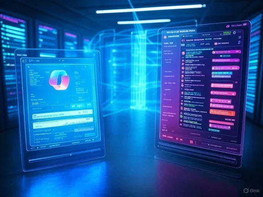 Holographic screens display data and chat messages in a futuristic, high-tech digital environment.