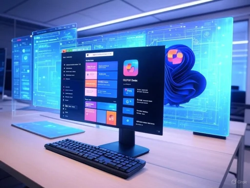 A computer workstation showing multiple digital screens with futuristic blue interface displays.