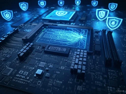 A computer motherboard with digital shield icons and data streams, symbolizing cybersecurity and data protection.