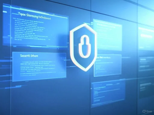 A digital security interface featuring a shield with a padlock symbol, surrounded by floating, illuminated information panels.