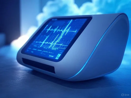 A futuristic medical device displays vital signs on a blue screen, with a cloudy sky background. A futuristic medical device displays vital signs on a blue screen, with a cloudy sky background.