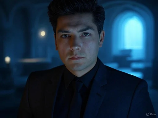 A young man in a black suit in a dimly lit, blue-toned room with gothic arches and stained glass windows.