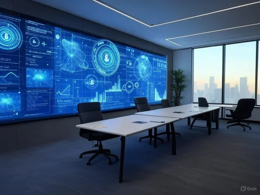 A modern conference room with a digital blue holographic display and city skyline view through large windows.