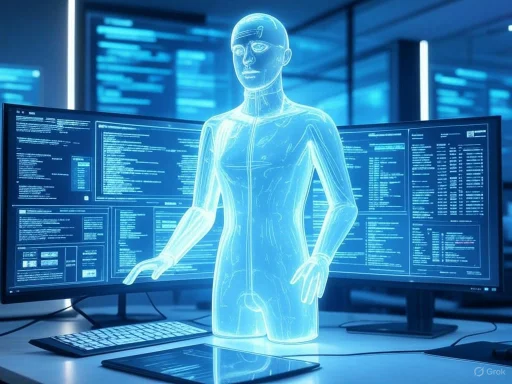A digital hologram of a human figure is displayed in a high-tech lab with multiple monitors showing code and data.