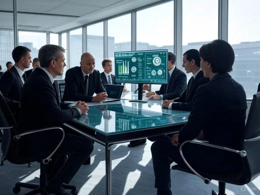 Business professionals in a modern office participate in a data-driven meeting around a glass table.
