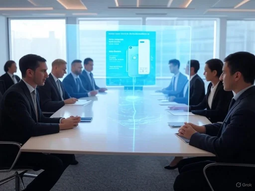 Business meeting with a holographic display projecting a smartphone interface between participants.