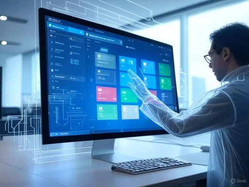 A person interacts with a digital interface on a large screen in a modern office environment.
