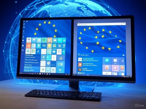 A dual-monitor setup displaying the European Union flag on both screens, with a digital globe in the background.