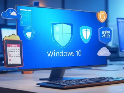 A computer monitor displays the Windows 10 logo surrounded by various security and update icons. A computer monitor displays the Windows 10 logo surrounded by various security and update icons.