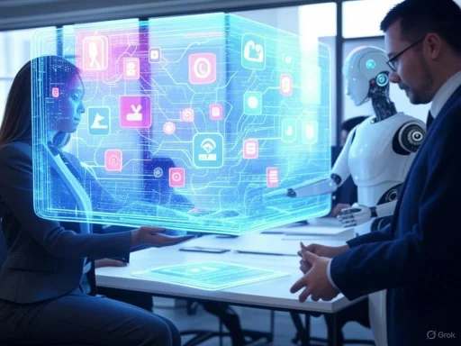 People are engaged in a futuristic discussion with holographic digital icons and a robot in a high-tech office setting.