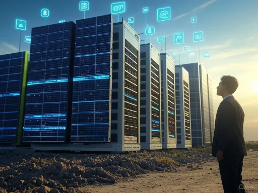 A businessman in a suit observes a line of solar-powered data servers under a sunset sky with digital icons overhead.
