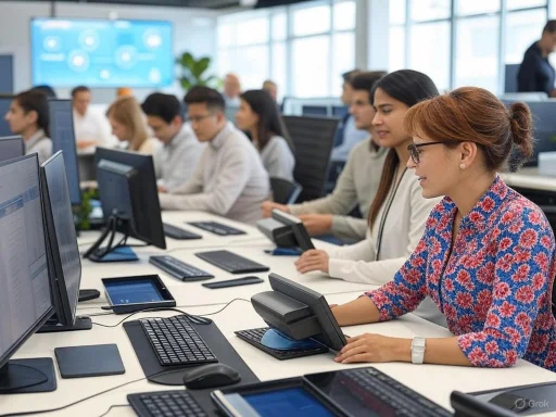 A diverse group of professionals working on computers in a modern office environment.