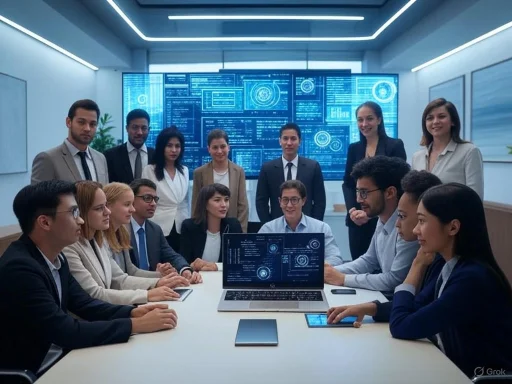 Team of professionals collaborating in a high-tech conference room with digital data displays.