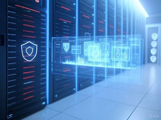 A digital security system visualization with data protection icons in a futuristic data center environment. A digital security system visualization with data protection icons in a futuristic data center environment.