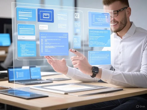 A man interacts with a virtual transparent screen displaying data and documents in an office setting.