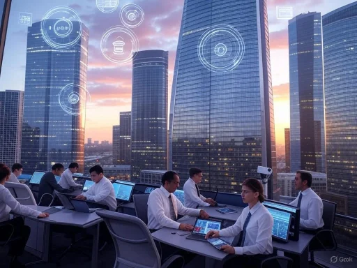 Business professionals work on computers at a rooftop office with a city skyline at sunset and digital holograms overlayed.