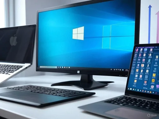 A workspace with three laptops and a monitor displaying the Windows 10 desktop.