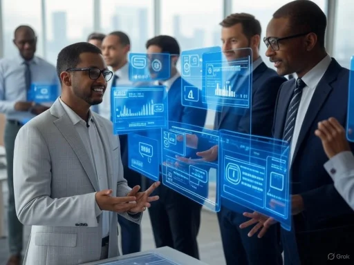 Business professionals analyzing futuristic digital holographic data and charts during a meeting.