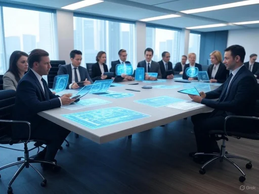 Business professionals analyze futuristic holographic displays during a high-tech meeting.