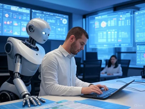 A man works on a laptop while a robot observes in a high-tech control room with multiple screens displaying data.