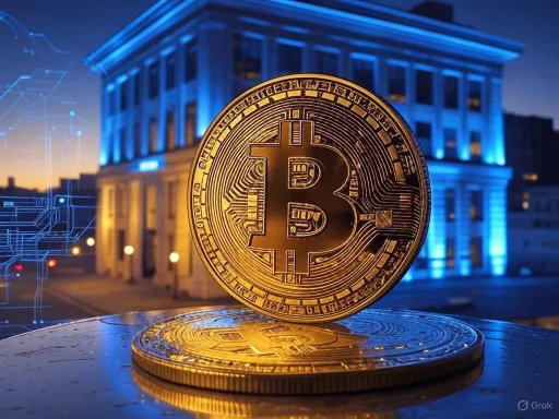 A golden Bitcoin coin stands in front of a lit blue government building at night. A golden Bitcoin coin stands in front of a lit blue government building at night.