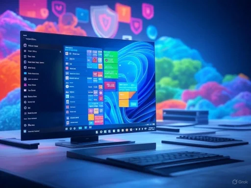 A computer monitor displaying a colorful interface against a vibrant backdrop of clouds and shield icons.