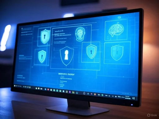 A computer monitor displays a cybersecurity interface with shield icons, a brain, and a human face in a high-tech setting.