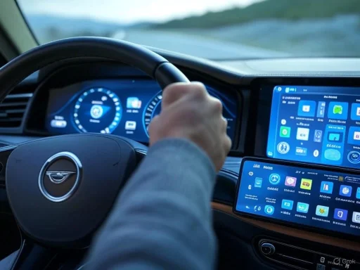 The image shows a person driving a car with digital dashboards and multiple screen displays on the dashboard.