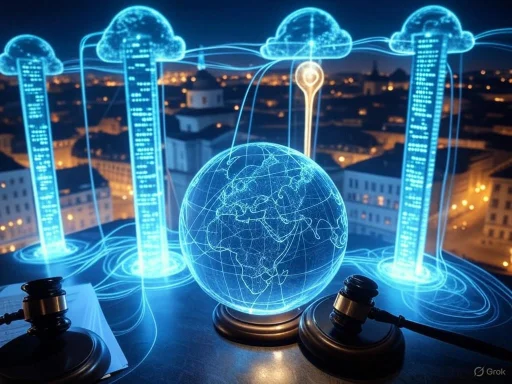 Holographic digital globe connected to cloud data streams over cityscape background, with gavel and electronic device in foreground.